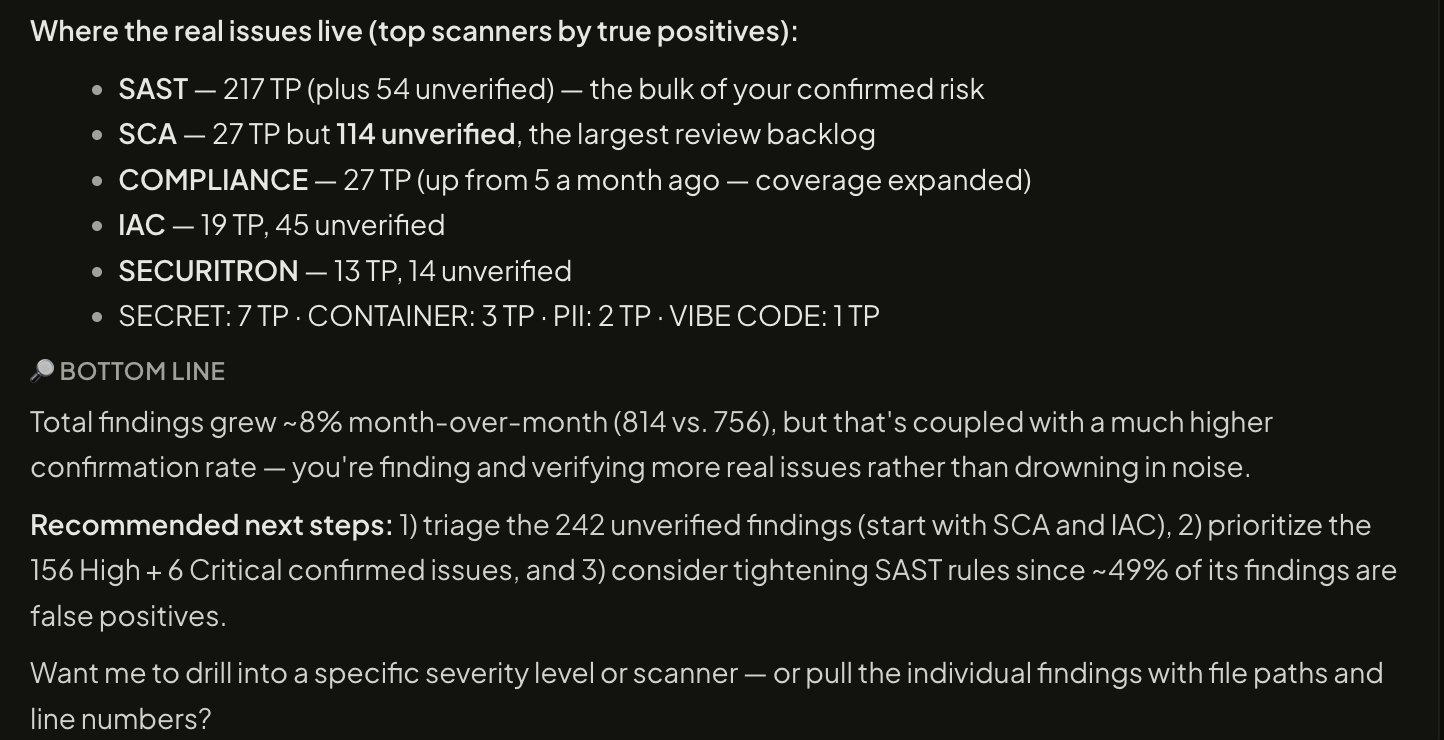 AI analyst summary listing recommended next remediation steps in priority order