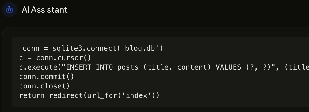AI-generated fix replacing raw SQL string concatenation with a parameterized query