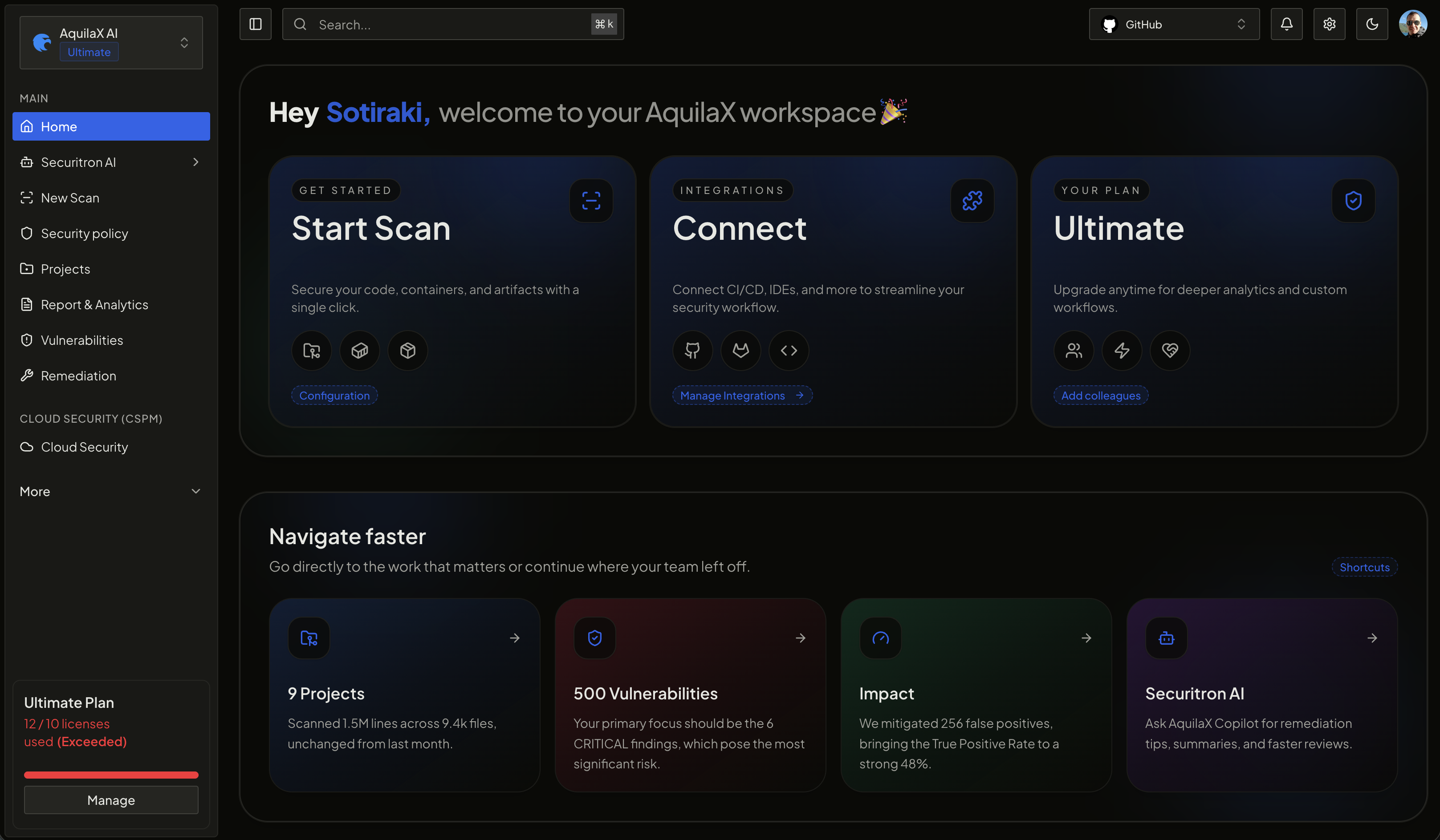 AquilaX workspace home showing scan setup, integrations, vulnerabilities, and Securitron AI shortcuts