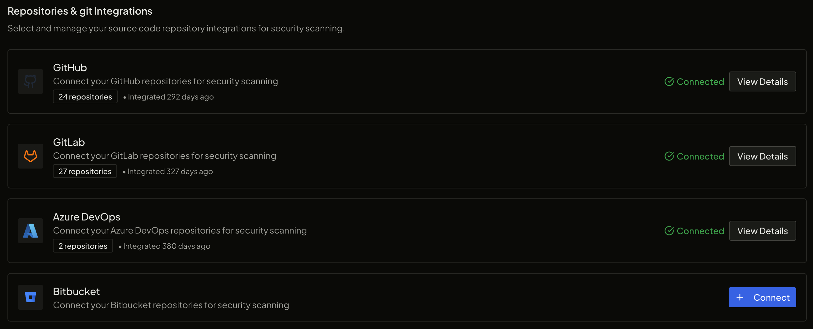 Repository and Git integrations page showing GitHub, GitLab, Azure DevOps, and Bitbucket connection status
