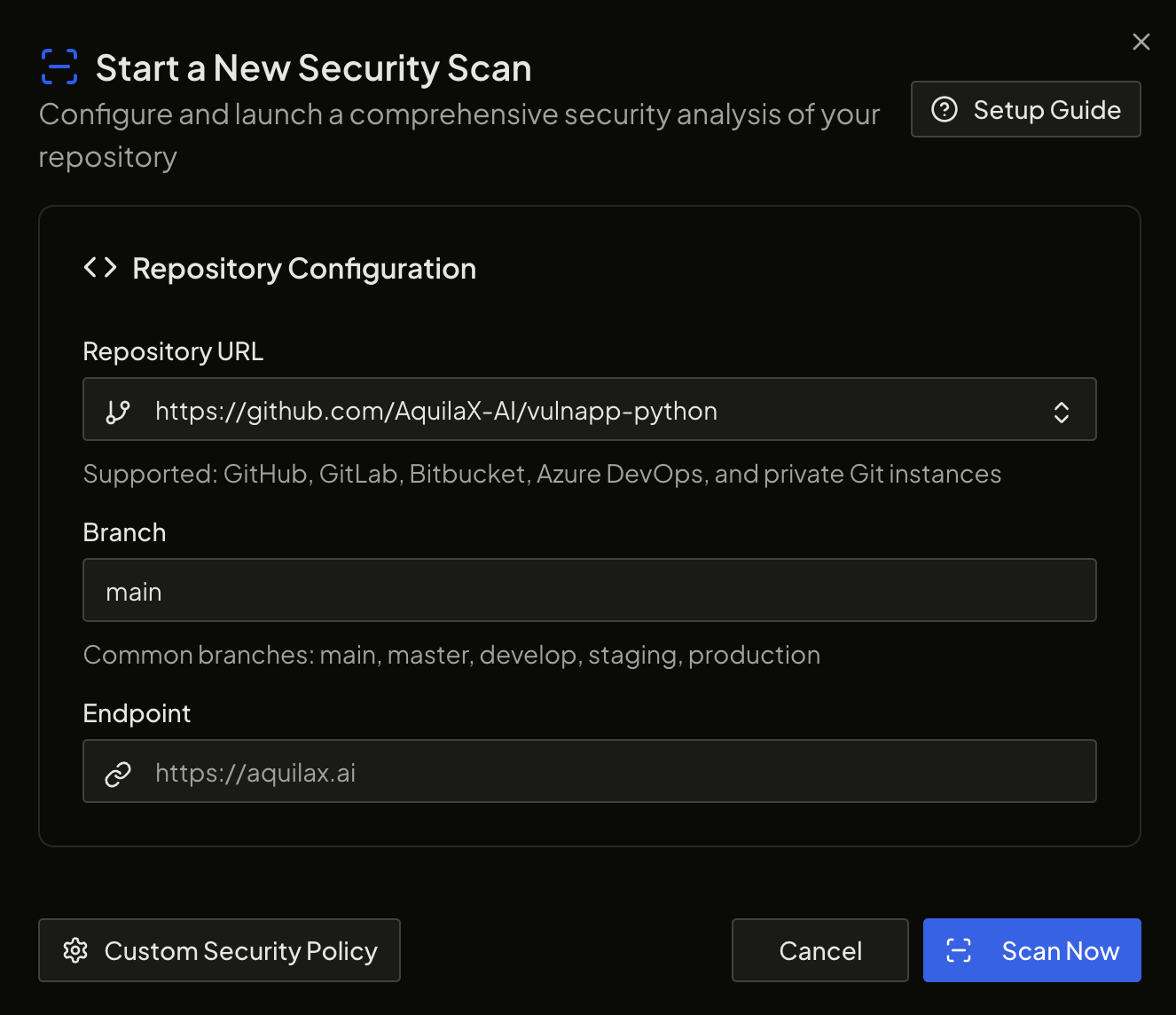 AquilaX GitHub integration scan results
