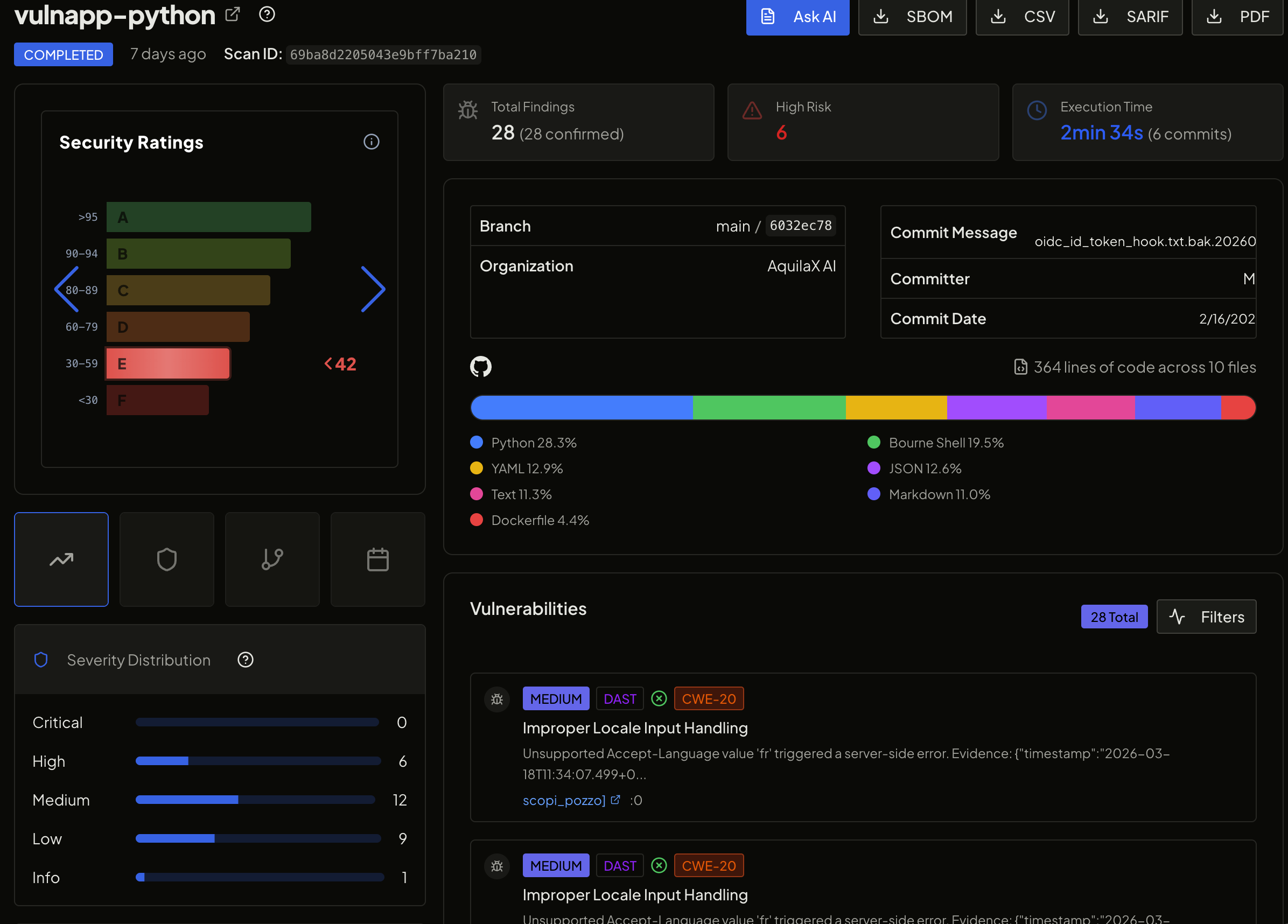 AquilaX security findings in dashboard