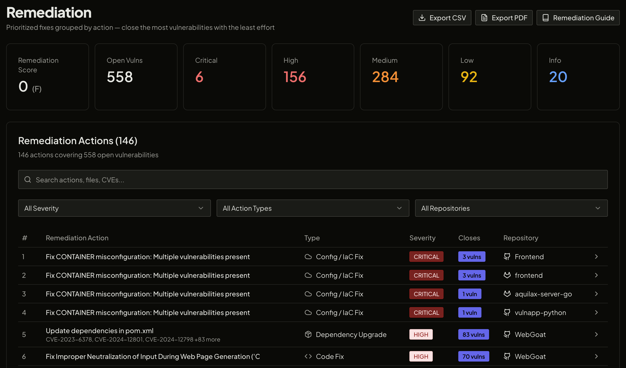 Remediation dashboard listing prioritized fix actions grouped by severity and repository