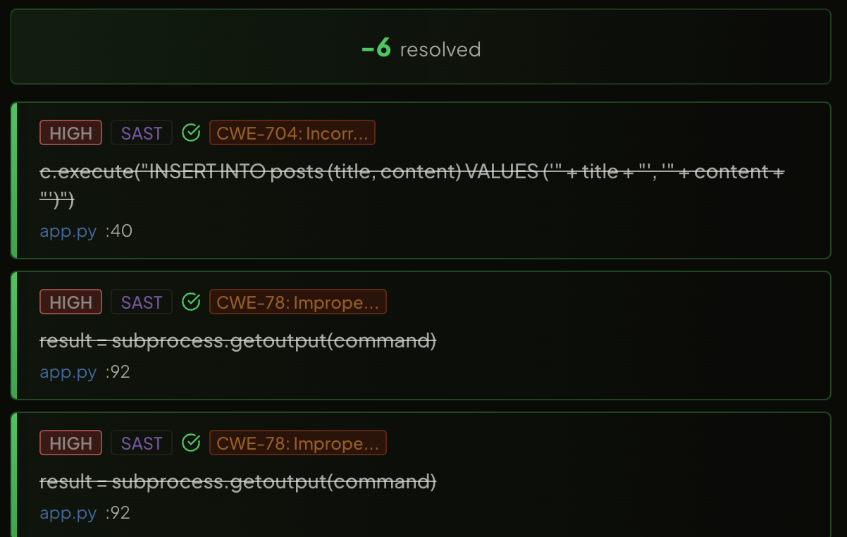 Resolved findings view showing vulnerable code struck through after a fix was applied